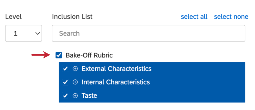 nivel más alto de los temas con una marca de verificación azul al siguiente