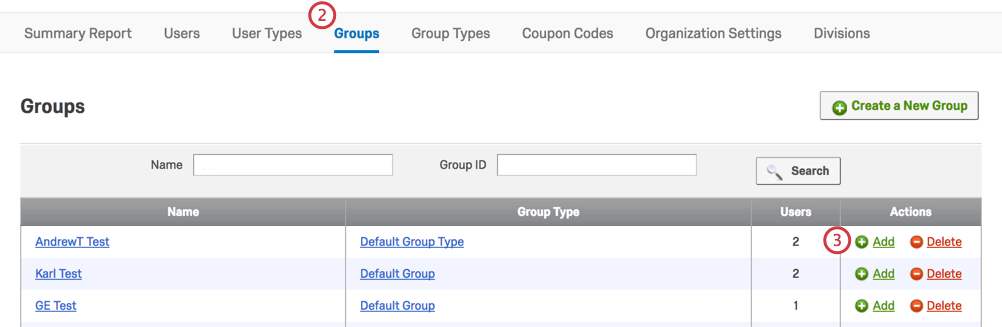 The Add button in the Actions column of the Groups tab in the Admin page