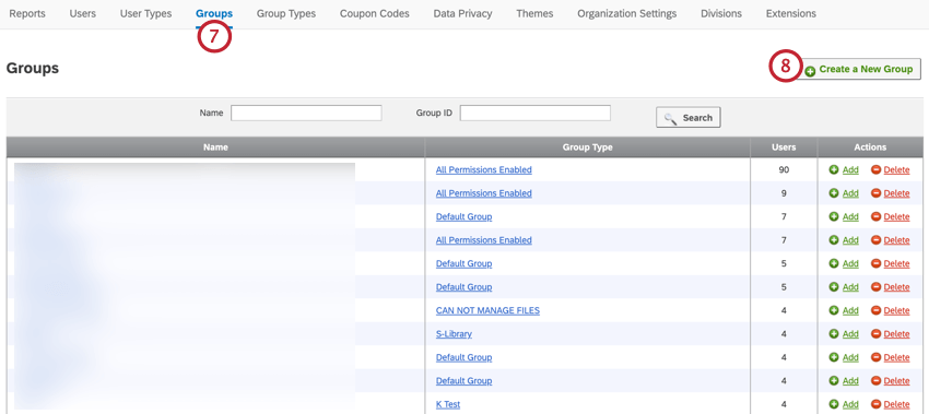 La pestaña de grupos. El botón para crear un nuevo grupo está en el lado derecho.