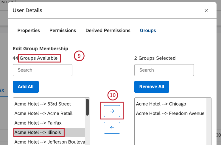 To add the user to a group, select the group in the left column (Groups Available). Move the group to the