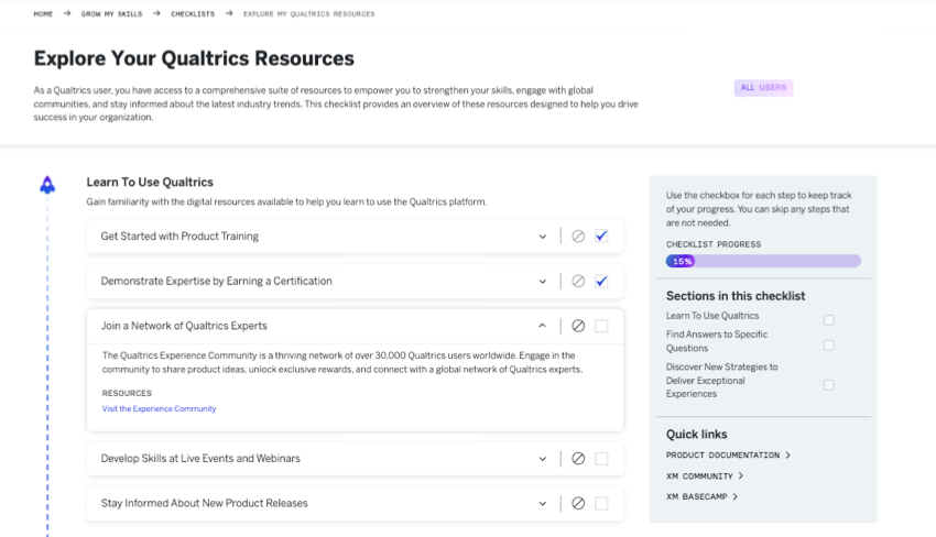 explore sua lista de verificação de recursos qualtrics com algumas etapas marcadas