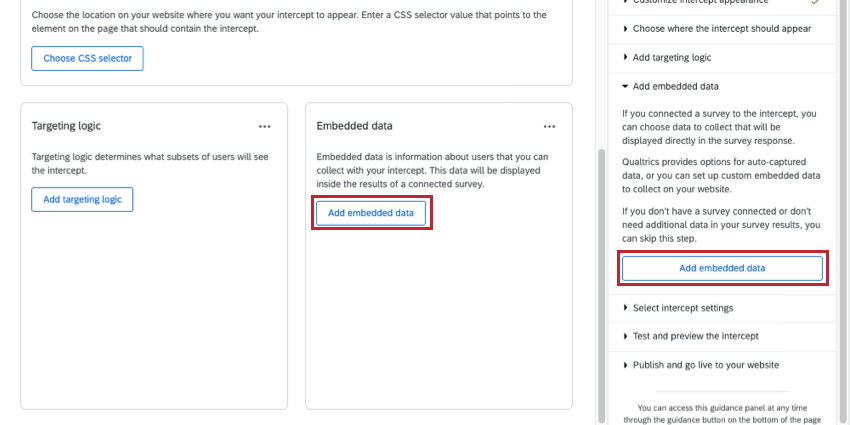 button for embedded data highlighted on the genral intercept page and on the guidance sidebar to the right