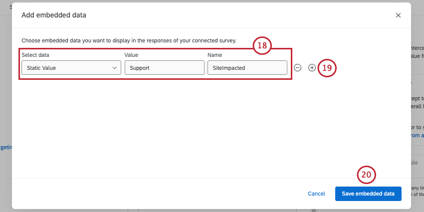 exemplo, dados integrados são estáticos, com um valor de suporte e um nome de site impactado