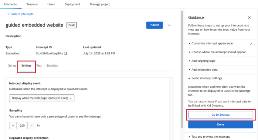 Botón para configuración resaltado en la página de intercept general y en la barra lateral de guía a la derecha
