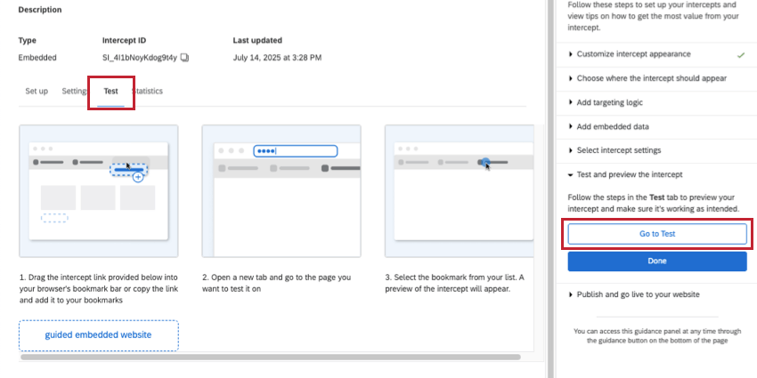 button for test highlighted on the genral intercept page and on the guidance sidebar to the right