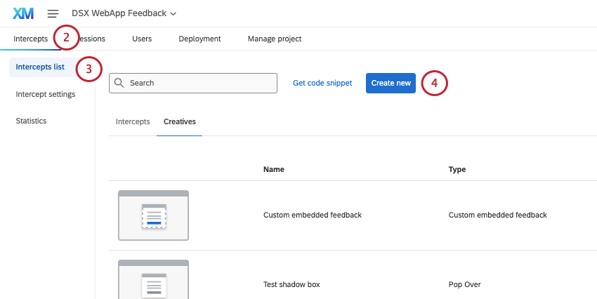 ouverture de la liste des interceptions dans longlet intercepts dun projet de site web