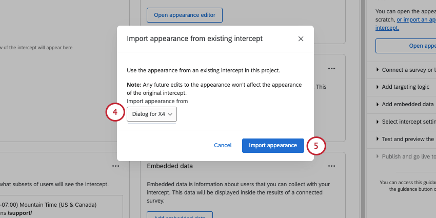 new window where you select the intercept you want to copy the appearance from
