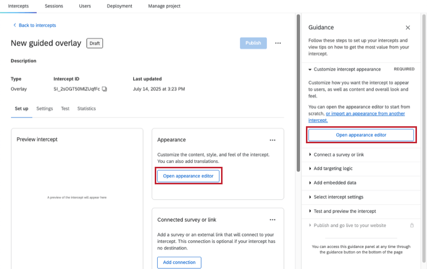 アピアランスエディターのボタンは、インターセプトのページとガイダンスのサイドバーで強調表示される。