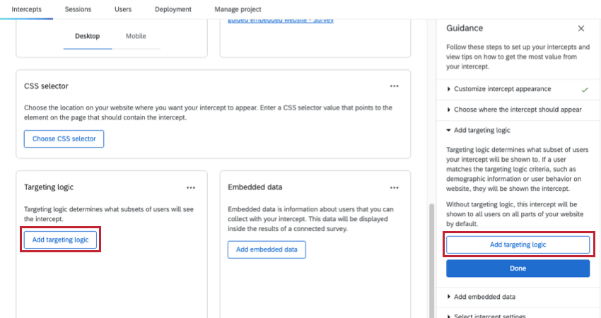bouton pour la logique de ciblage surligné sur la page dintercept général et sur la barre latérale dorientation à droite