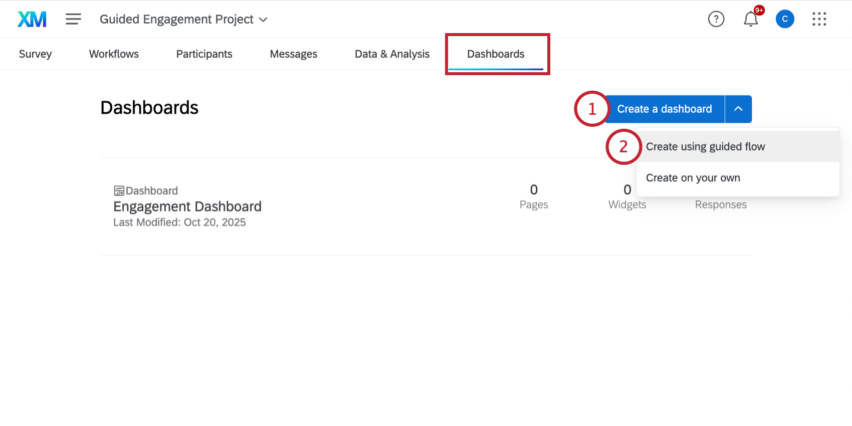 selezionare il flusso guidato durante la creazione di un nuovo dashboard di engagement