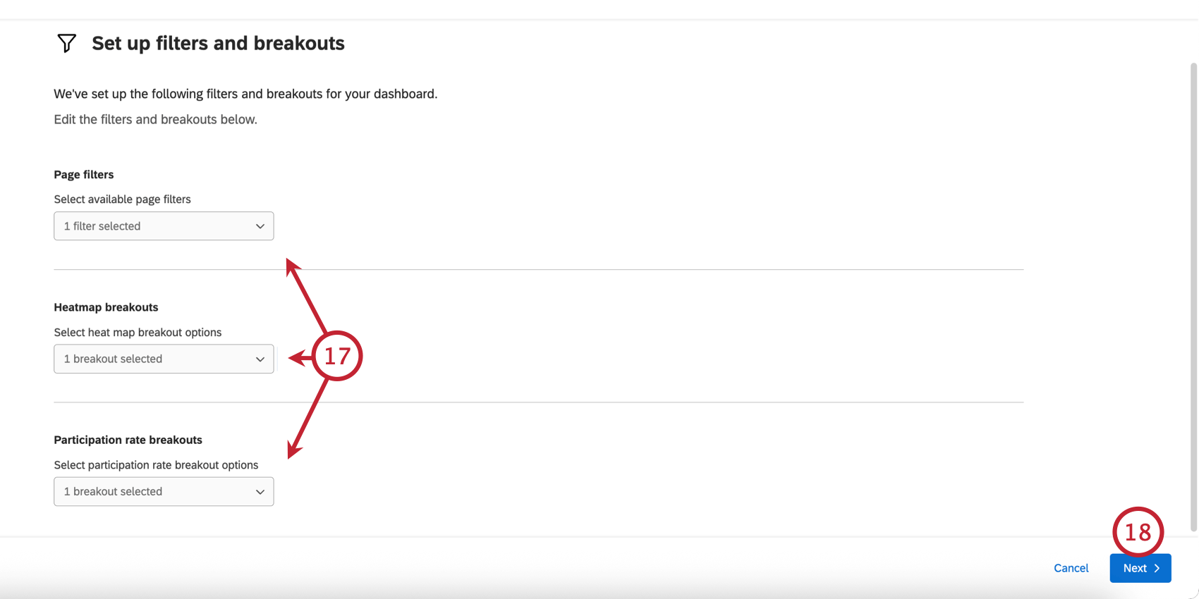 auswahl der filter für das dashboard