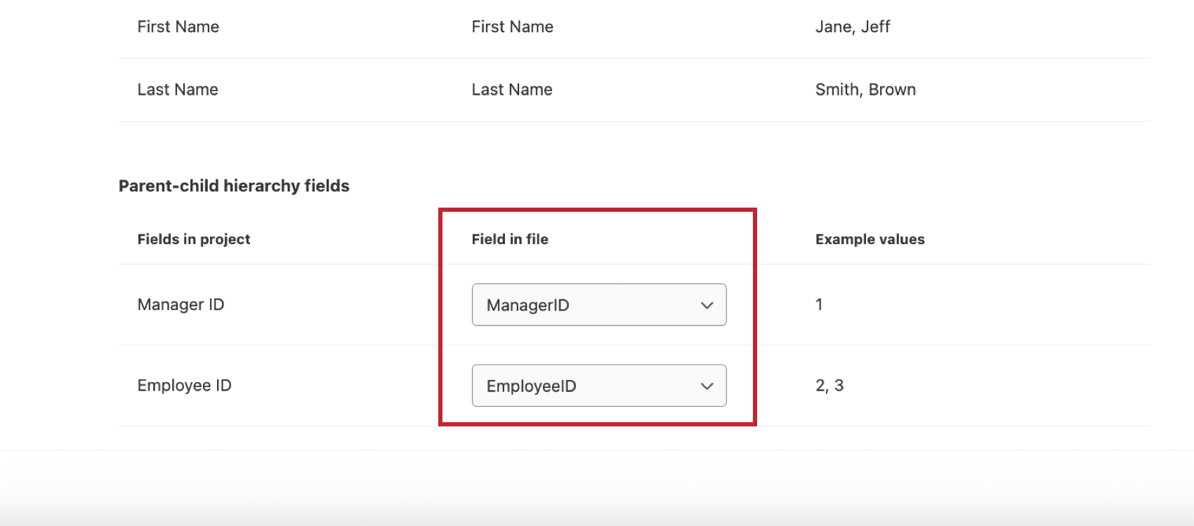 the dropdown menu for remapping org hierarchy fields