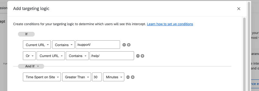 la capture décran montre deux ensembles logiques distincts ; cela signifie que vous pouvez définir davantage de conditions comme dans lexemple ci-dessus, où il y a 2 URL possibles à cibler individuellement, mais aussi le même temps passé sur le site pour les associer