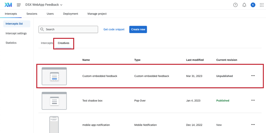 seção de criativos da lista interceptações