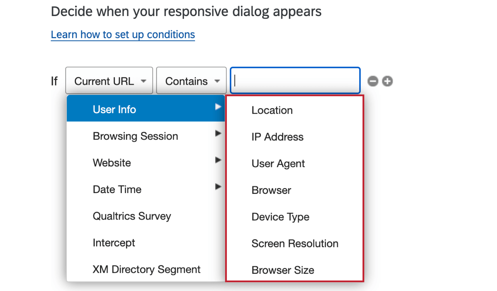 Dropdown for first field of logic. User Info is highlighted. All options are listed.