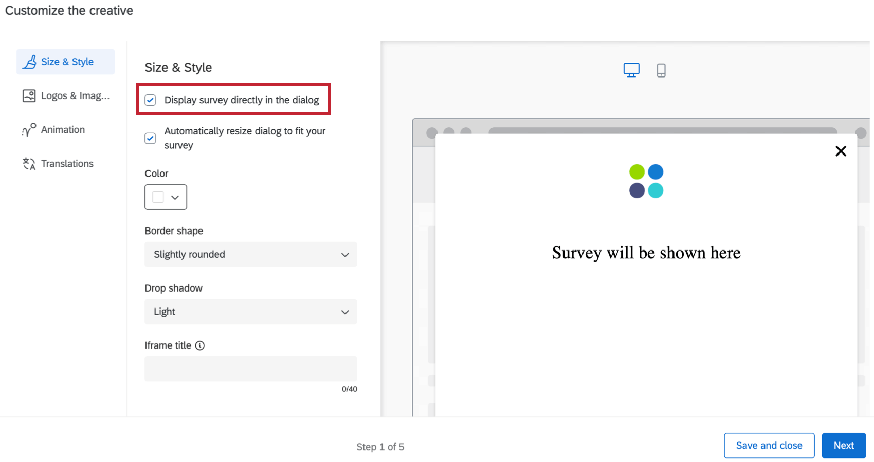 Options for Size & Style in the responsive dialog creative editing box