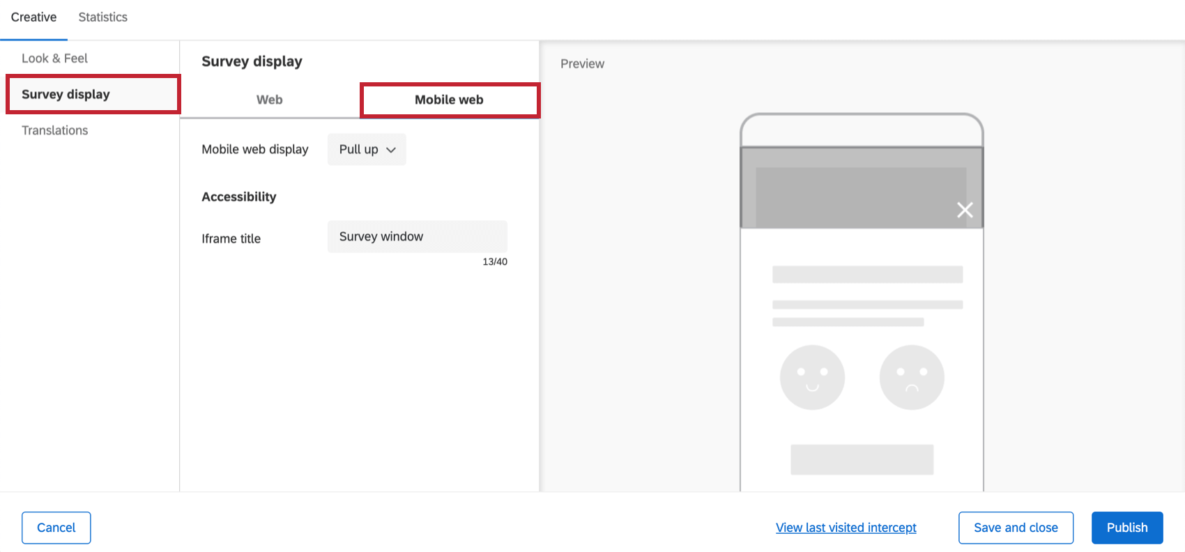 Visualizzazione del sondaggio per il pulsante di feedback del web mobile