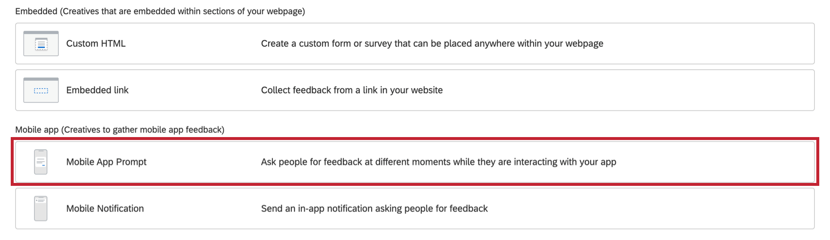 The Create New Creative window with Mobile app Prompt selected and the Create Creative button highlighted on the lower-right
