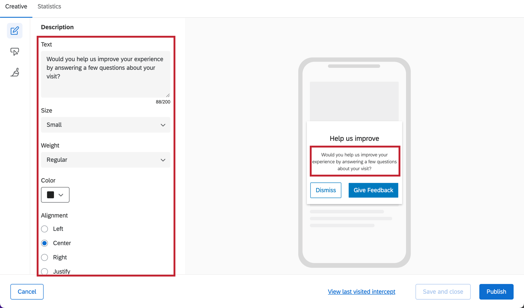 modifica della descrizione in un messaggio app mobile di intercettazioni creative