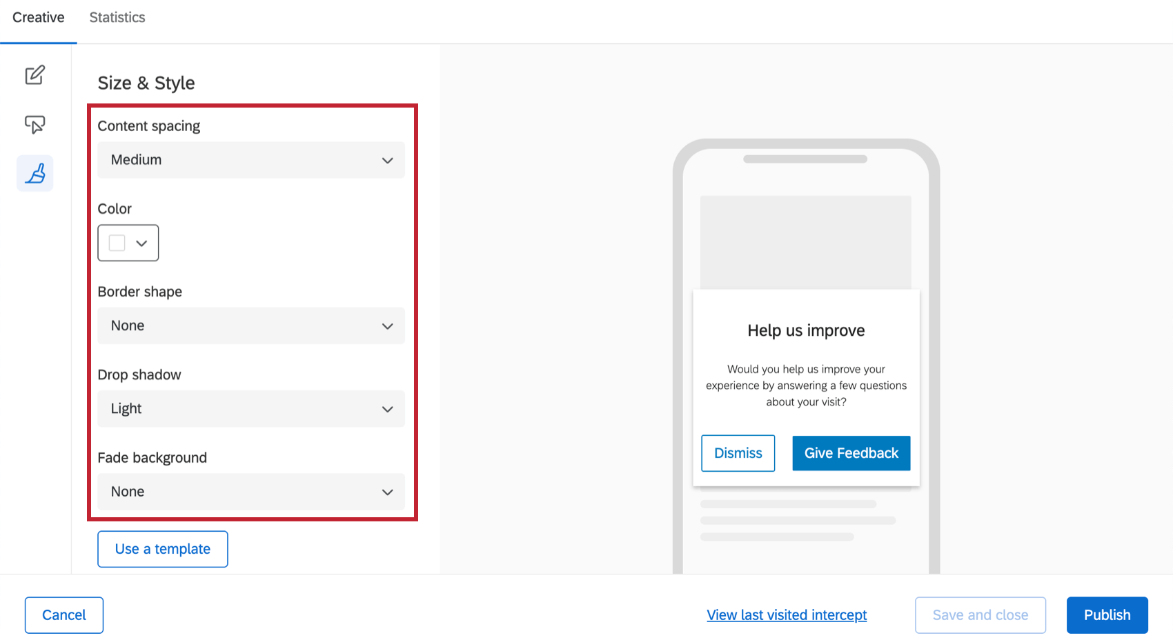 Der Abschnitt Größe und Stil des Bereichs Design. Die Bearbeitungsoptionen befinden sich in der Mitte, und rechts wird eine Vorschau angezeigt.