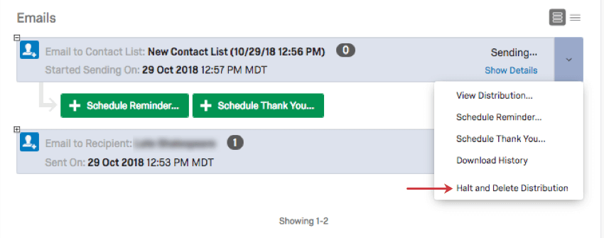 Distribution says it is sending... Dropdown has halt and delete option at the bottom