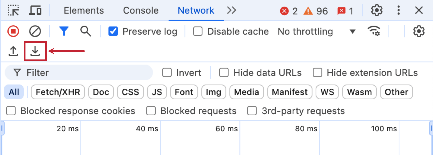 Botón de descarga dentro de la pestaña de red de Chrome