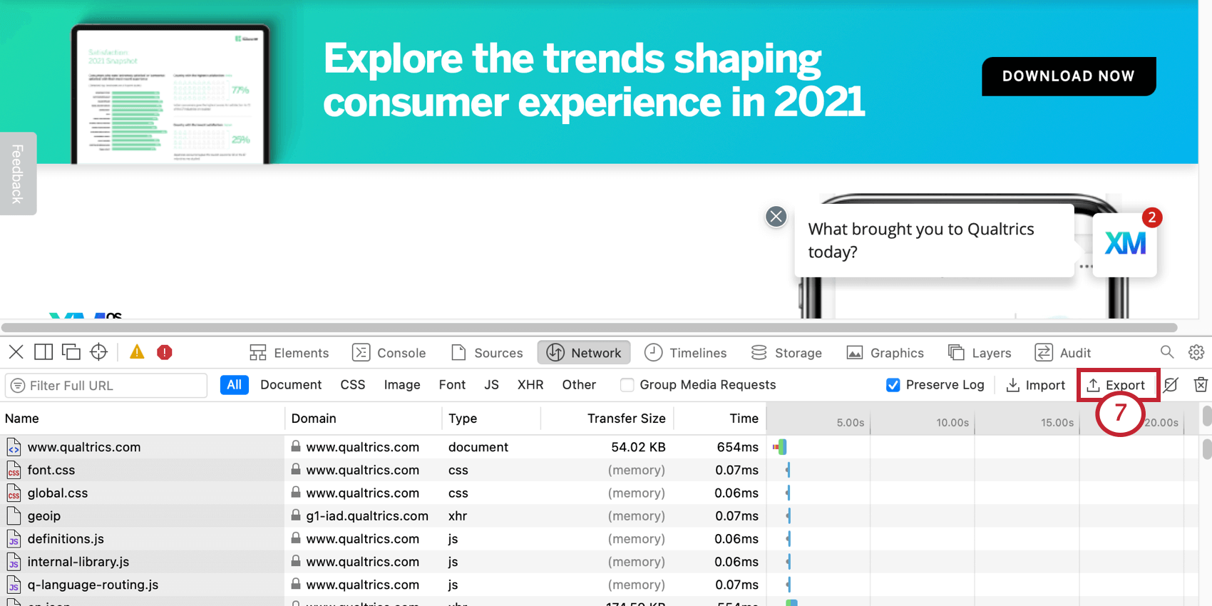 Webインスペクタを開いたSafariのウェブページの画像。HARファイルをダウンロードするための［ネットワーク］タブ内の［エクスポート］ボタンが強調表示されている
