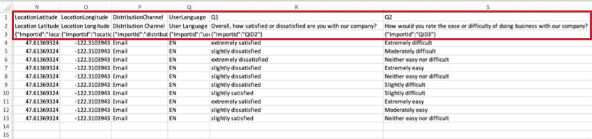 Tre intestazioni evidenziate in un file di dati