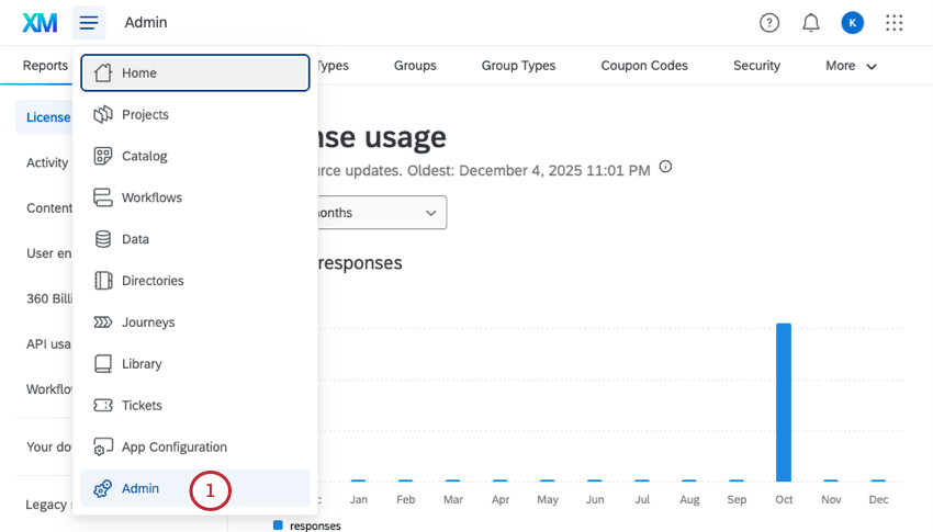 global nav hamburger menu is opened and admin is selected