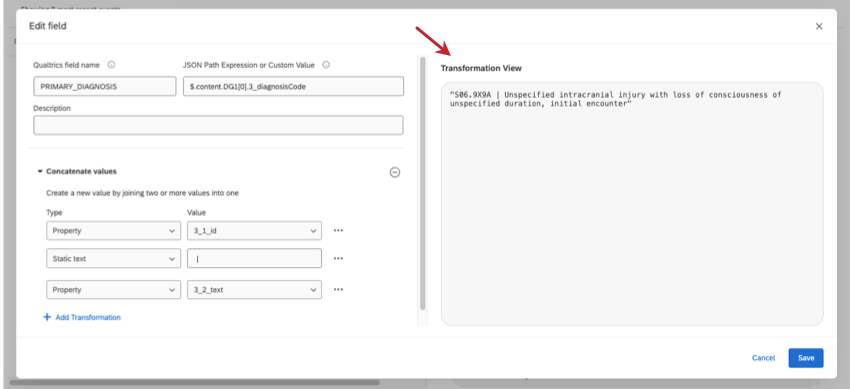 JSON formatted transformation view