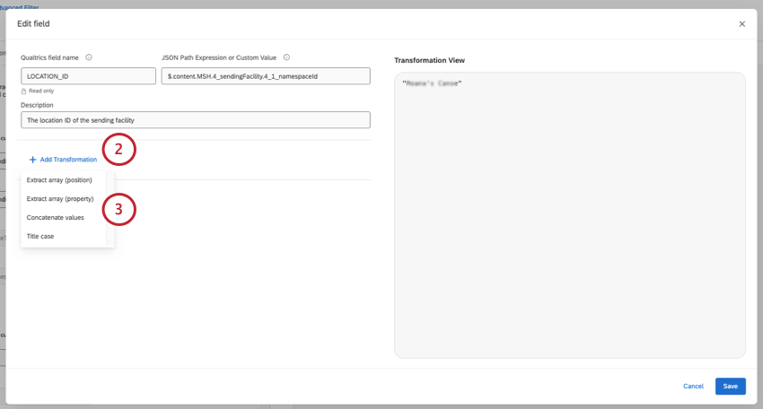 nouvelle fenêtre pour ajouter des transformations