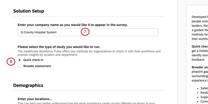 Field for company name, then type of assessment choice. Next button blue, bottom-right