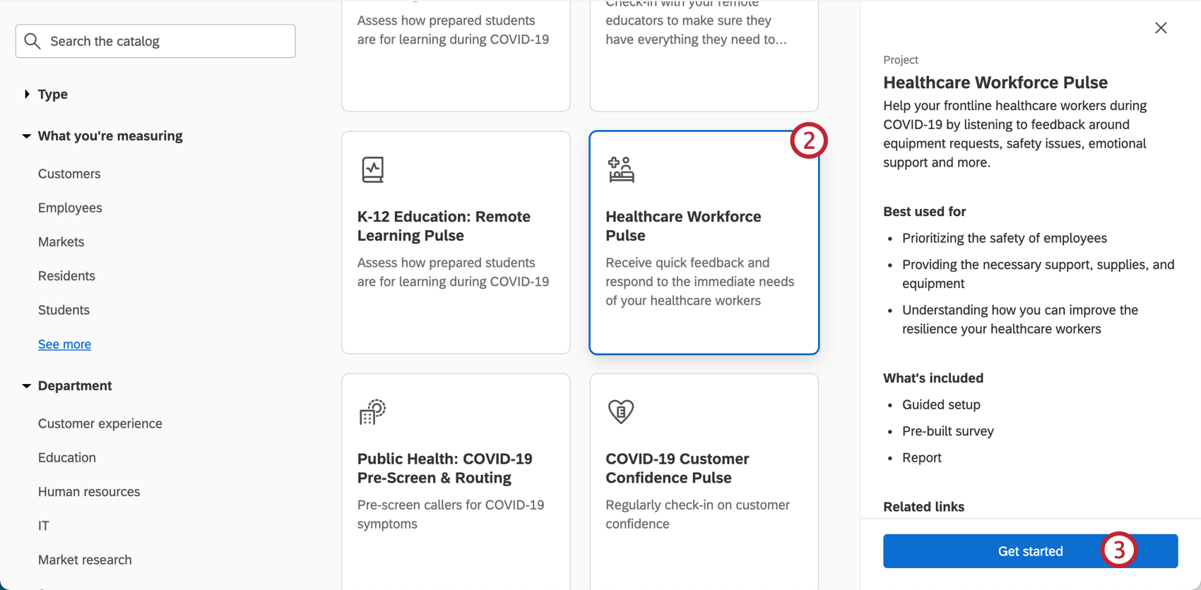 Image of catalog, selecting the described project, seeing a sidebar open on the right describing it, ending with a button to get started creating it
