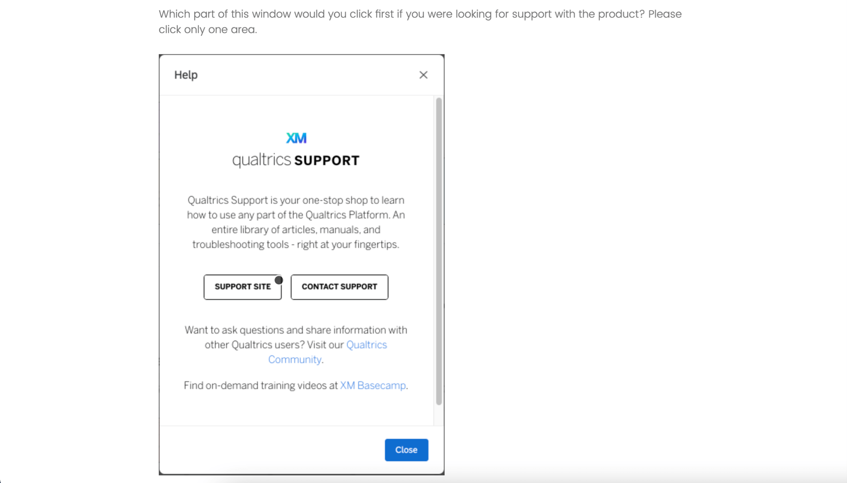 Screenshot der Registerkarte Qualtrics“, auf der die Schaltfläche „Support-Website“ mit einem grauen Kreis hervorgehoben ist
