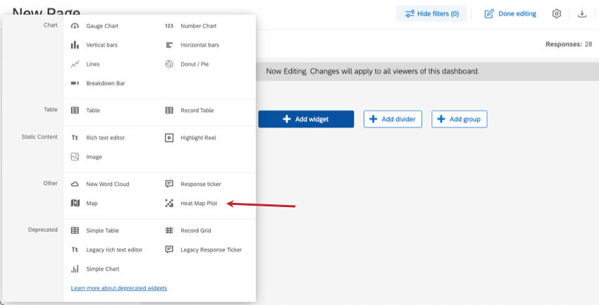 o novo menu widget se expande a partir do botão Adicionar widget