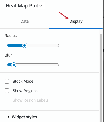 En el panel de edición de un widget, en la pestaña de datos de forma predeterminada. La imagen muestra el cambio a la pestaña de visualización, por lo que las opciones de edición cambian.