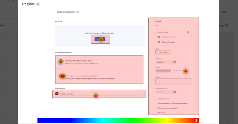 screenshot of a user interface has regions highlighted to tell different parts apart, like buttons, comments section, and so on