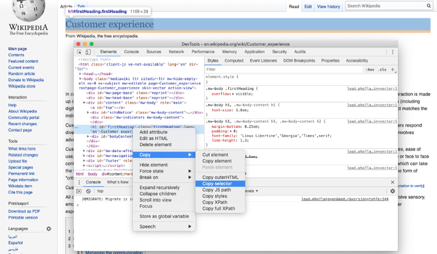 Wikipedia pag cliccato con il tasto destro, con la console che appare come descritto