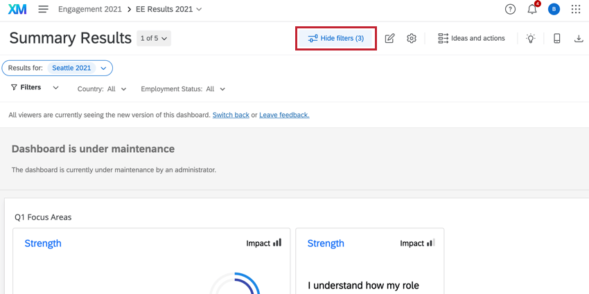 el botón ocultar filtros