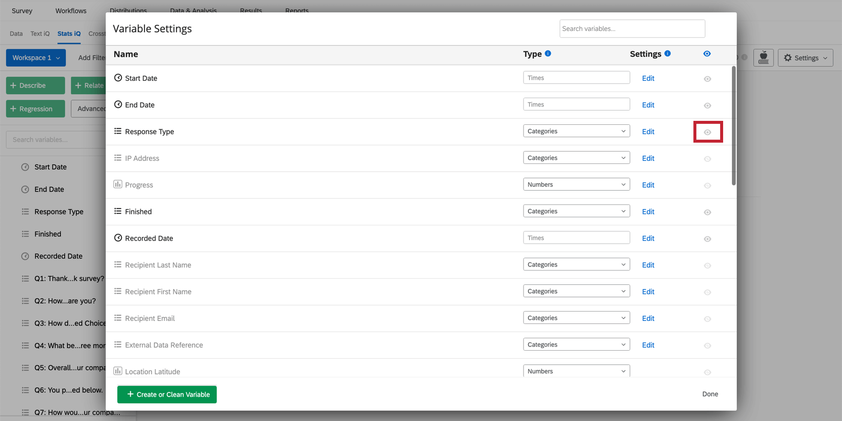 Shows the variable settings pane with the hide variable setting highlighted.