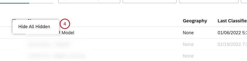 Cliquez sur Masquer tout ce qui est caché pour masquer les attributs ou les modèles de catégorie de projet qui sont actuellement visibles.