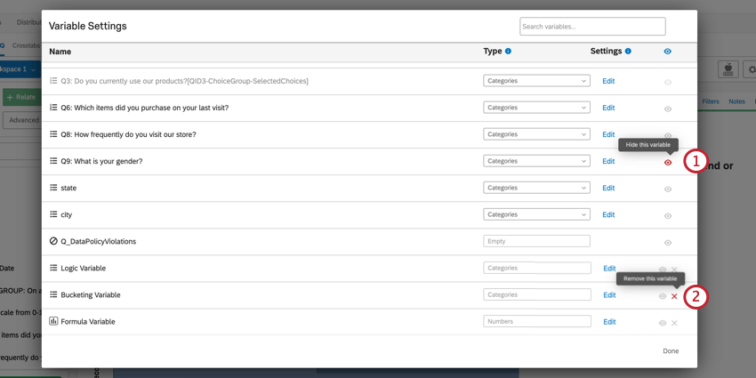 フィールドの非表示と削除には、それぞれ目のアイコンと x アイコンを使用します。