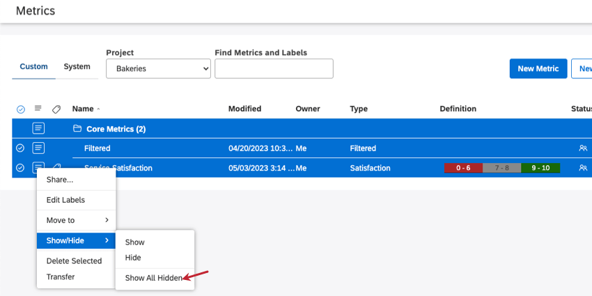 menu next to multiple selected, show hide hovered over, then show all hidden highlighted