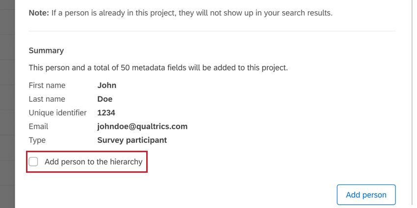 the "add person to hierarchy" checkbox