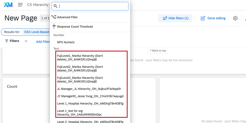 viewing org hierarchy fields available in a filter