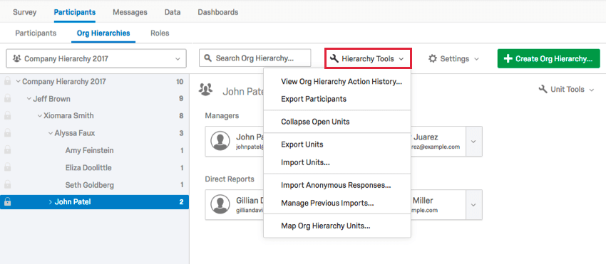 the hierarchy tools dropdown at the top of the org hierarchies tab