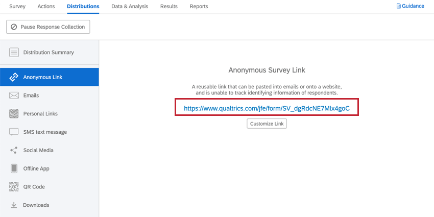 Auswahl des anonymer Link