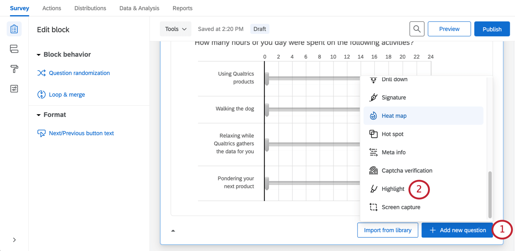 Question types dropdown beside the add new question button