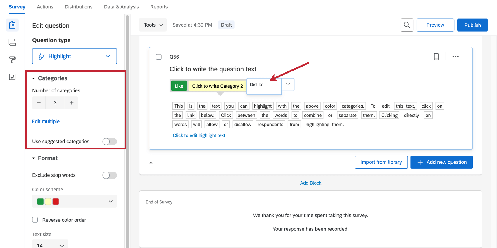 Categories on the question editing pane corresponds to the number of colors you can highlight a word or phrase in