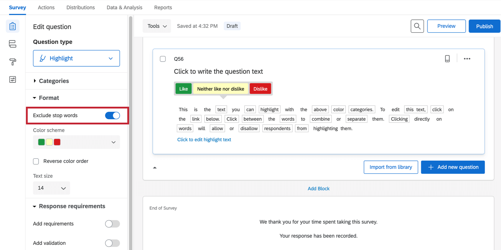 Exclude Stop Words é selecionado para remover artigos e verbos comuns da pergunta destaque
